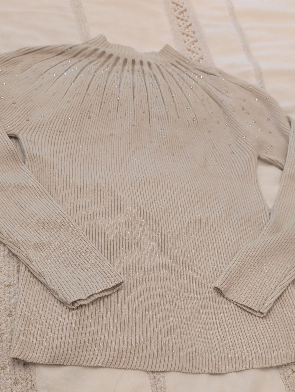 Ribbed Crewneck Sweater with Subtle Embellishment - Cream
